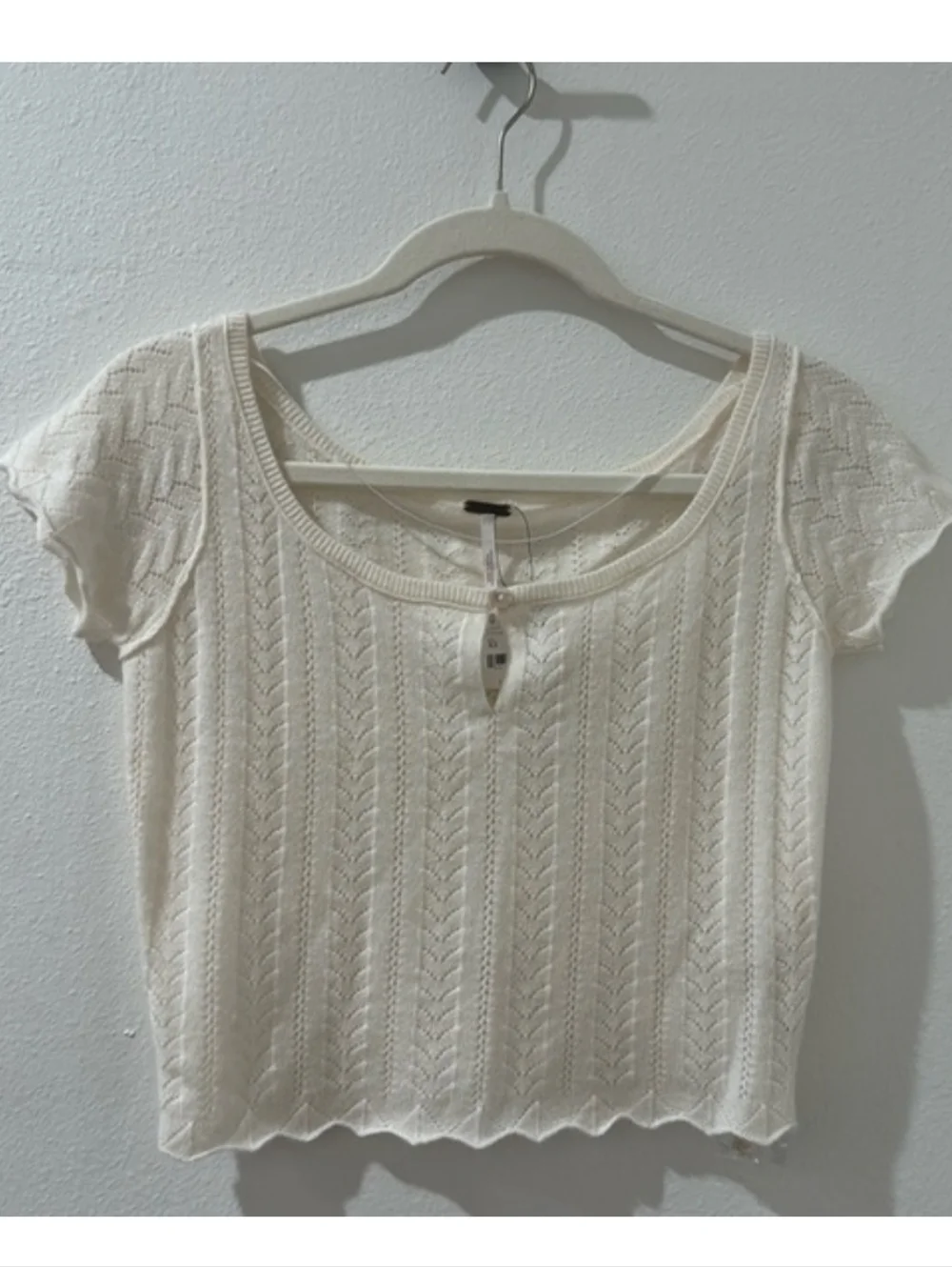 FREE PEOPLE Hera Cream Pointelle Knit Short Sleeve 100% Cashmere Sweater NWT